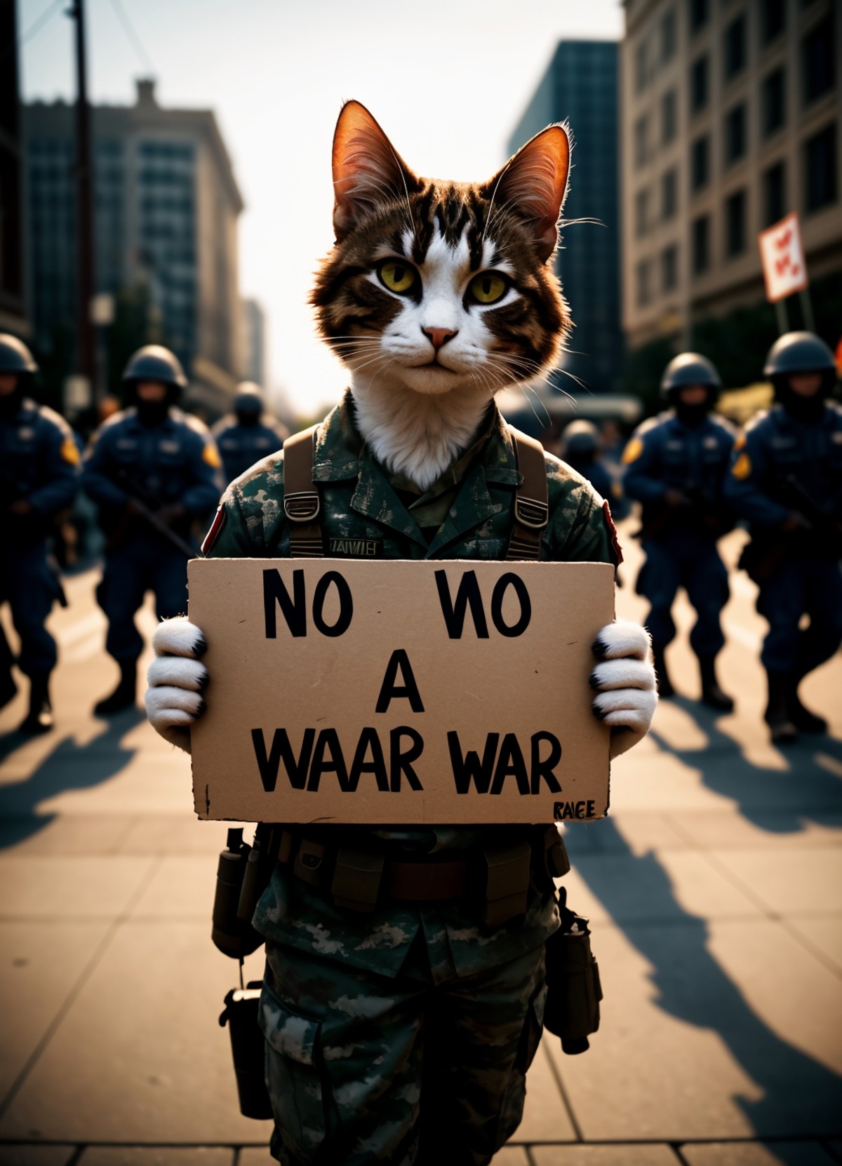 cinematic film still a activist cat rally, protesting against war, making a  peace sign, holding a sign  text:("No War") ,...